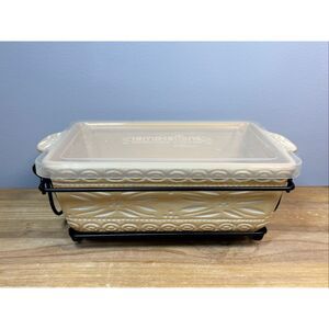 Temp-tations Carved Old World ceramic baking dish with metal serving rack and li